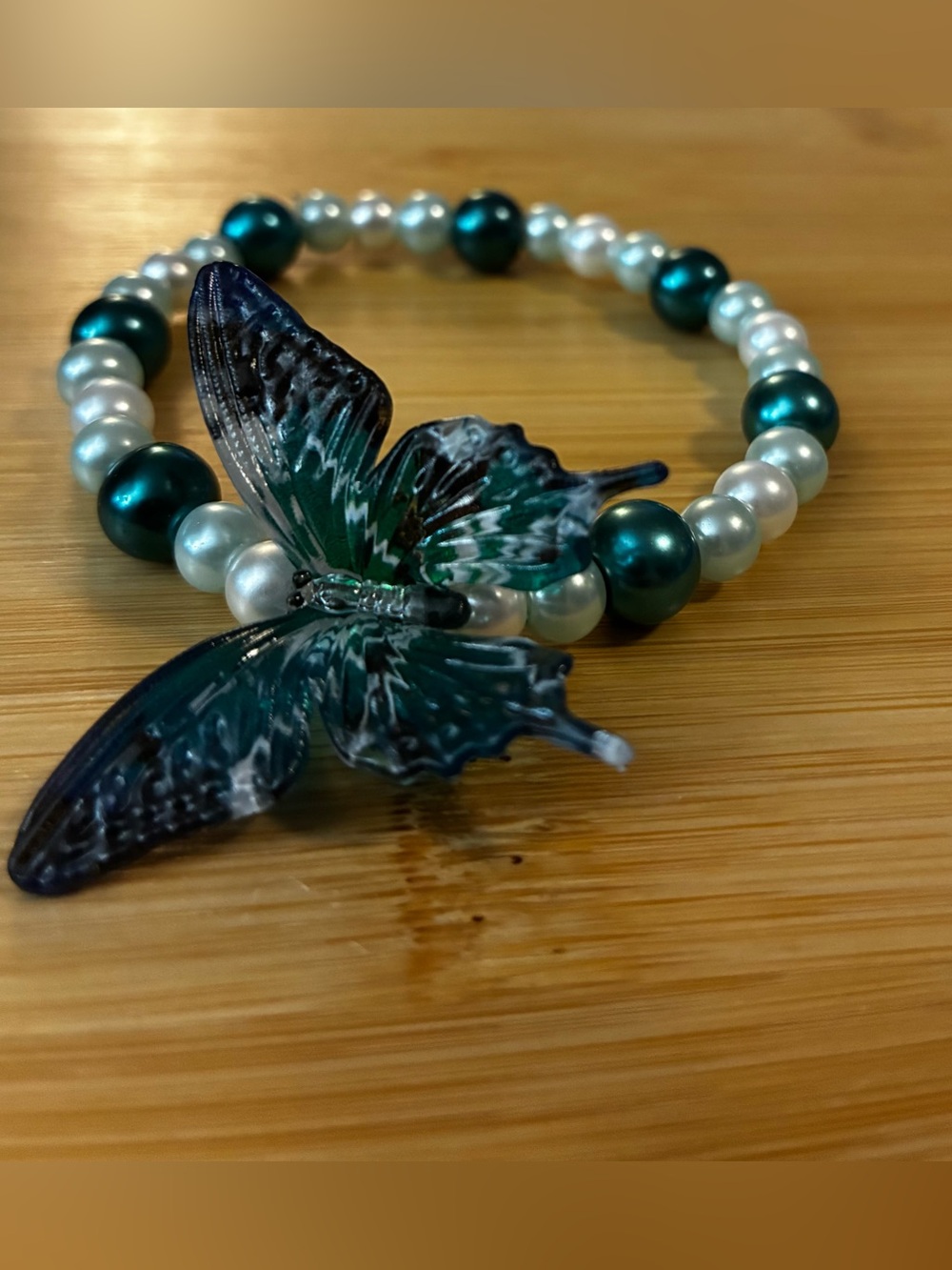 Teal and White Pearl Butterfly Stretch Bracelet - Women Jewelry